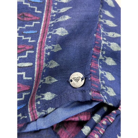 ROXY Mini Dress Sz M Navy Geo Stripe Print Peasant 3/4 Sleeve VNeck Button Up - Picture 10 of 11